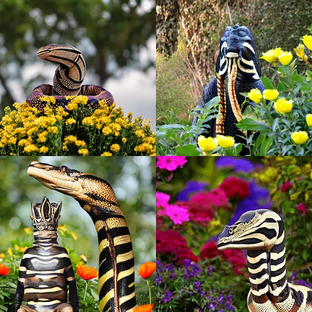 Prompt: king cobra standing with hood above flowers