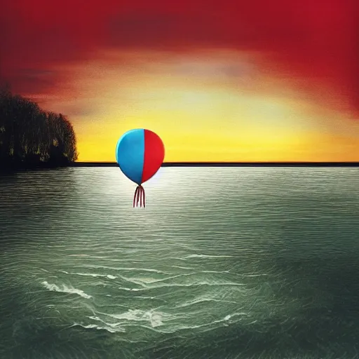 Image similar to album art of a hand holding a balloon coming out the water with a red sky by chris bilheimer, moody