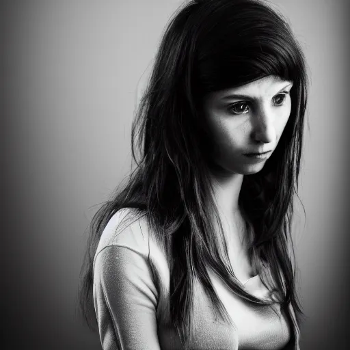 Image similar to masterpiece photo of a melancholic portrait of an aesthetic beautiful 30 years old woman, with mid long hair, canon 50mm, monochromatic, background blur