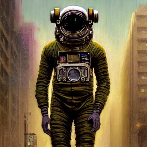 Prompt: a concept art portrait of masked diesel punk astronaut on the art deco streets of the big city, artstation, award - winning realistic sci - fi concept art by jim burns and greg rutkowski, beksinski, a realism masterpiece, muted color palette, james gilleard, bruegel, alphonse mucha, and yoshitaka amano