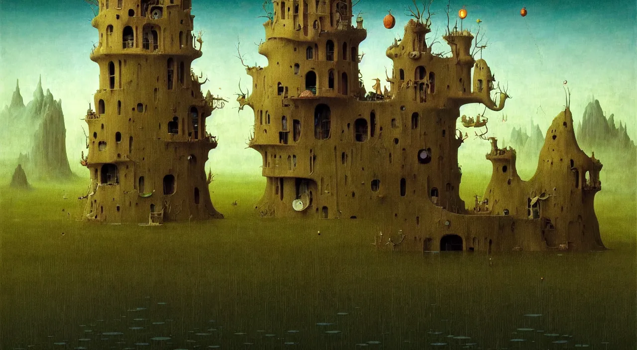 Image similar to single flooded simple!! fungus tower, very coherent and colorful high contrast ultradetailed photorealistic masterpiece by franz sedlacek hieronymus bosch dean ellis simon stalenhag rene magritte gediminas pranckevicius, dark shadows, sunny day, hard lighting