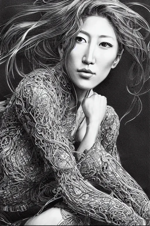 Prompt: portrait of dichen lachman , pen and ink, intricate line drawings, by Yoshitaka Amano, Ruan Jia, Kentaro Miura, Artgerm