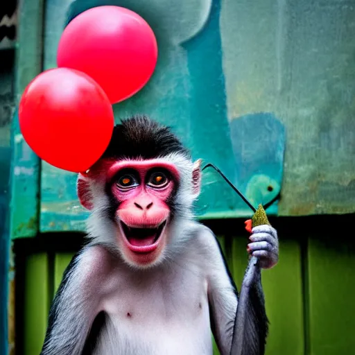 Image similar to a photo of a monkey with clown paint, sidelit