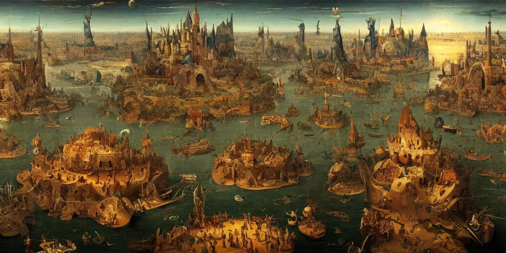 Image similar to floating islands at dusk megastructure in the style of heironymus bosch, intricate masterpiece, hyper detailed, hd