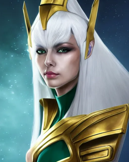 Image similar to perfect white haired attractive egyptian goddess, warframe armor, pharaoh headdress, beautiful, symmetric, dreamy, half asian, pretty face, green eyes, charlize theron, detailed, scifi platform, laboratory, experiment, 4 k, ultra realistic, epic lighting, android body, illuminated, cinematic, masterpiece, art by akihito tsukushi, voidstar