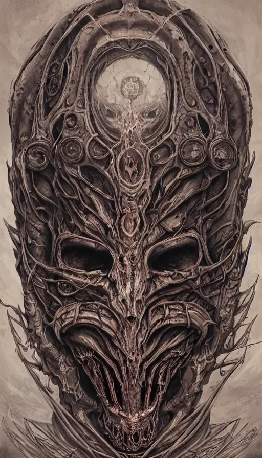 Image similar to Elden Ring and Doom themed painting of satanic demon hybrid cyborg beautiful angellic symmetrical face mask tattoo pattern concept, infinity glyph, intricate artwork by, Johnatan Wayshak, Zdizslaw Beksinski, face by Artgerm, H.R. Giger, very coherent artwork, cinematic, hyper realism, high detail, octane render, unreal engine, 8k, High contrast, golden ratio, trending on cgsociety, higly detailed black ink outline, crosshatch sketch gradient, ultra high quality model, production quality cinema model