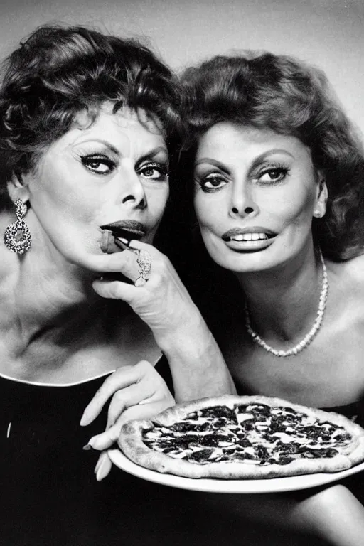 Image similar to professional studio photo of sophia loren and queen margherita ( savoy ) sharing a pizza! margherita, closeup, portrait photo, diffuse light, black and white photo, 5 0 mm, soft focus, acclaimed, masterpiece