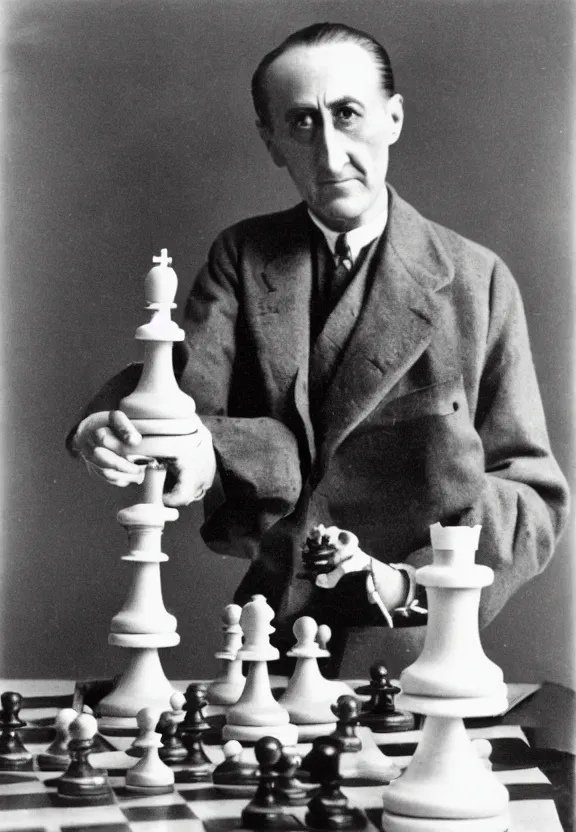 Image similar to marcel duchamp holding up a chess - piece wire - machine, a surrealist painting by marcel duchamp, complex artificial - intelligence machinery, flickr contest winner, studio portrait, 1 9 2 0 s