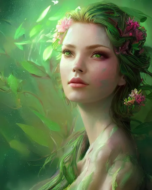 Prompt: spring, green, colorful flowers, portrait of a beautiful flora sorceress, flowy hair, cinematic lighting, highly detailed, digital painting, trending on artstation, pixiv, concept art, sharp focus, illustration, art by ross tran and wlop