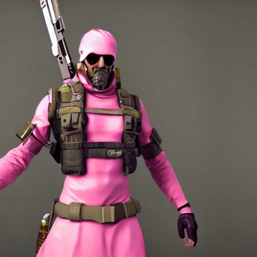 Prompt: Sundowner mercenary character from metal gear video game wearing a pink dress, male, trending on artstation, screenshot from metal gear video game, octane render