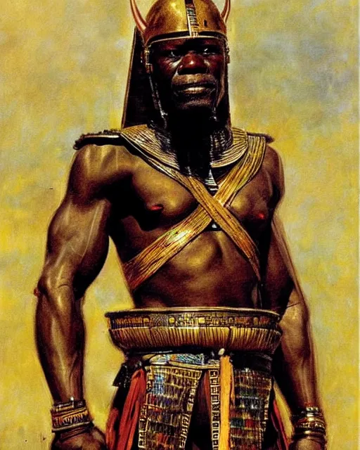 Prompt: fantasy oilpainting by anders zorn depicting djimon hounsou as a temple guard dressed in ancient egyptian decorative armor