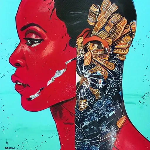 Prompt: a portrait of a black woman with side profile blood in ocean intricate details by MARVEL comics and Sandra Chevrier