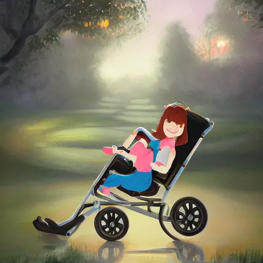 Prompt: a cute cerebral palsy girl on her stroller, at the park, magical atmosphere, trending on artstation, 30mm, by Noah Bradley trending on ArtStation, deviantart, high detail, stylized portrait
