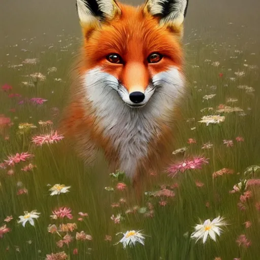 Prompt: a portrait of a cute fox in a field of beautiful flowers, by stanley lau and greg rutkowski