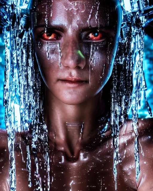 Prompt: portrait photo of female dancer as a cyberpunk mecha humanoid robotic head shoulder parts with straight bright led lights, under a waterfall, wet skin with water dripping down face, ultra - realistic and detailed, 8 k