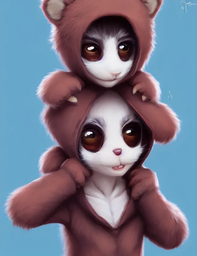 Image similar to cute young anthropomorphic furry wearing a kigurumi | | cute - fine - face, pretty face, key visual, realistic shaded perfect face, fine details by stanley artgerm lau, wlop, rossdraws, james jean, andrei riabovitchev, marc simonetti, and sakimichan, trending on artstation