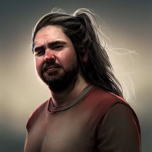 Image similar to portrait of a half fatman half pig with long hair tied in a ponytail, light stubble with red shirt ,digital art,photorealistoc,art by greg rutkowski,hyperdetailed,western comic style,comic,comic style,sharp lineart,professional lighting,deviantart,artstation,trevor henderson,rossdtaws,cinematic,dramatic