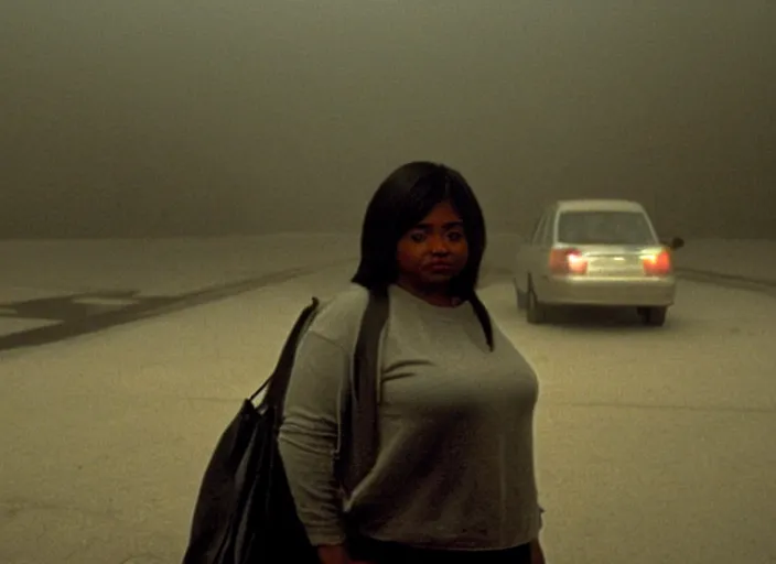 Prompt: cinematic screenshot high wide angle shot of octavia spencer standing in a foggy a desolate strange department store empty parking lot, one car, paranoia everywhere, screenshot from the tense psychological thriller film ( 2 0 0 1 ) directed by spike jonze, volumetric hazy lighting, anamorphic lens, moody cinematography, 3 5 mm kodak color stock