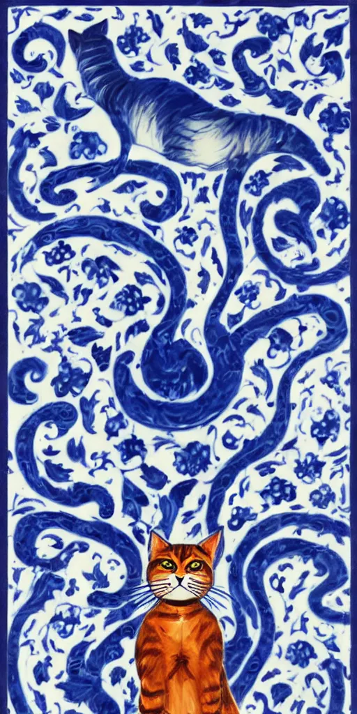 Prompt: A cat, style of Chinese Vase, Portuguese Blue and White Painted Tile Art on artstation, 30mm, by Noah Bradley