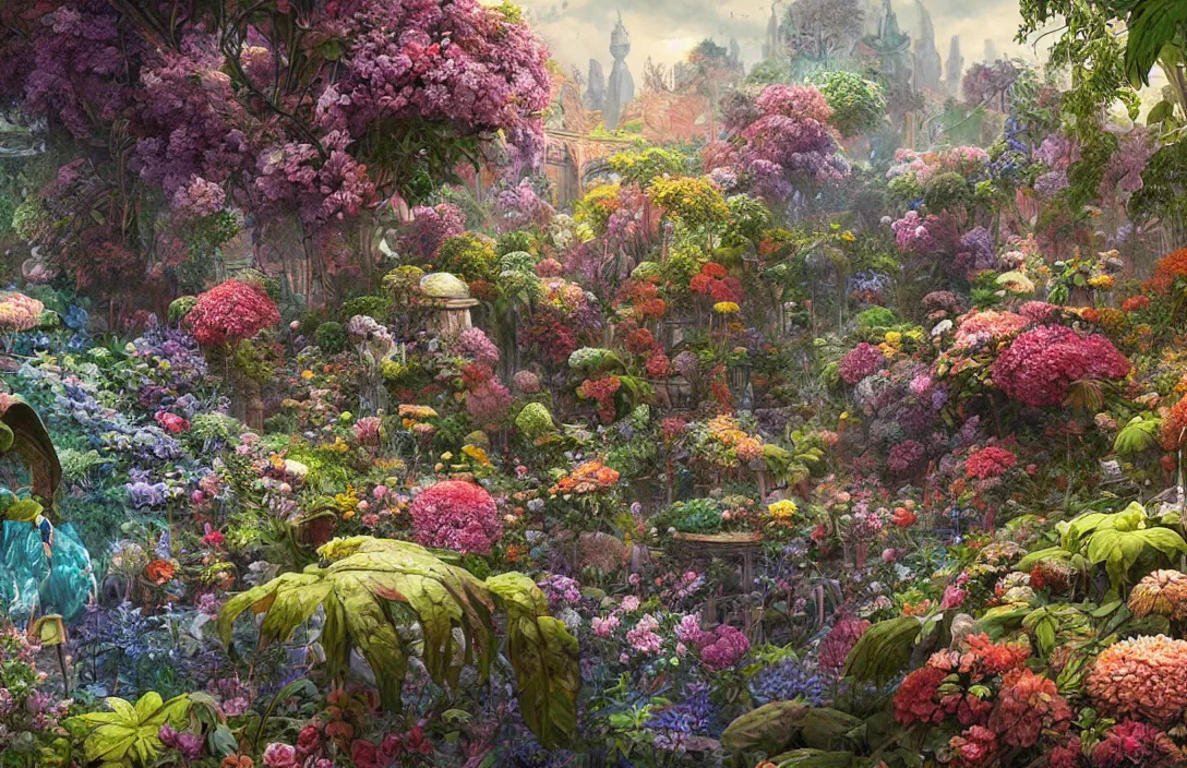 Prompt: a painting of a garden with flowers and plants, a detailed matte painting by android jones, cgsociety, psychedelic art, detailed painting, greeble, biomorphic