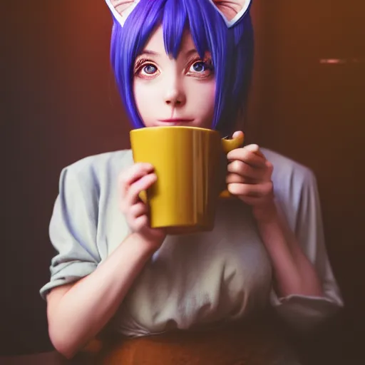 Image similar to a portrait of a girl with cat ear drinking coffee , fantasy, anime , madhouse production, HDR, natural light, shoulder level shot, dynamic pose, award winning photograph, Mucha style 4k,