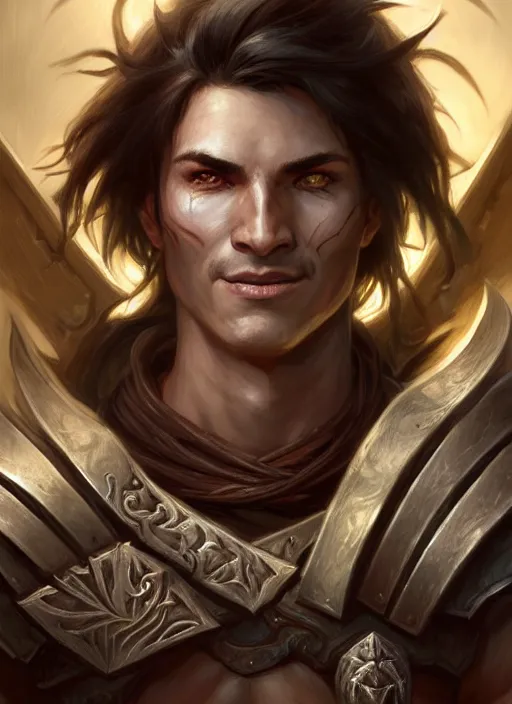 Prompt: portrait of an athletic male warrior as a diablo 3 character, looking at camera, D&D, sword master, long black hair, intricate, elegant, stylish, cute smile, fantasy, extremely detailed, digital painting, artstation, concept art, smooth, sharp focus, illustration, ambient lighting, art by artgerm and greg rutkowski and alphonse mucha and simon stalenhag