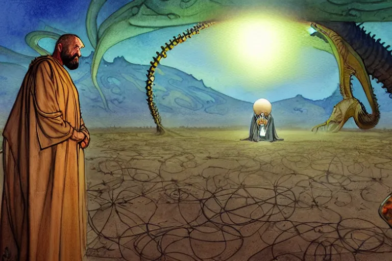 Prompt: a hyperrealist watercolour character concept art portrait of a middle eastern merchant keeling down in prayer in front of a lovecraftian alien with 1 2 eyes on a misty night in the desert. a ufo is in the background. by rebecca guay, michael kaluta, charles vess and jean moebius giraud