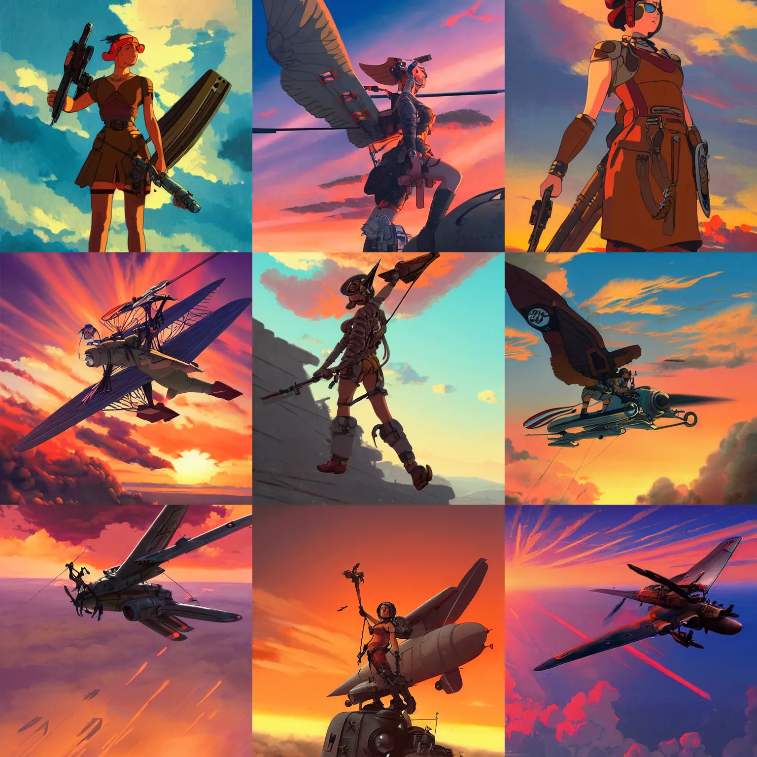 Prompt: dieselpunk valkyrie taking flight into a vivid sunset, finely illustrated face, highly detailed, oil on canvas, studio ghibli key visual, in the style of ilya kuvshinov