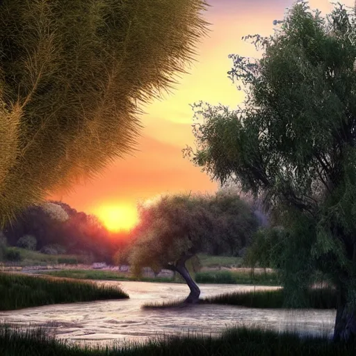 Image similar to featured on artstation majestic willow tree overlooking swirling river at sunset, beautiful image stylized digital art