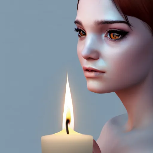 Prompt: portrait of a feminine young woman holding a lit candle, fragile, soft, vray, hyperdetailed, 3d character, game character