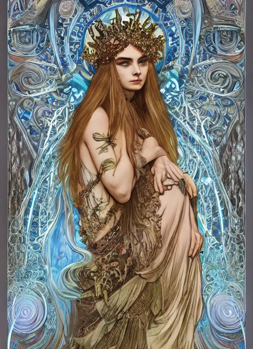 Image similar to Klara Delevingne as God of Fashion, cute, fantasy, intricate, elegant, highly detailed, digital painting, 4k, HDR, concept art, smooth, sharp focus, illustration, art by alphonse mucha,artgerm, H R Giger