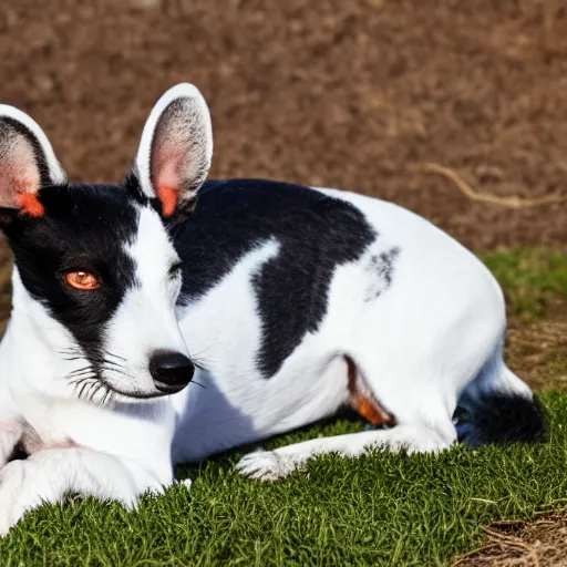 Image similar to old smooth fox terrier with a white and black coat, red collar, white tail, lying in the sun