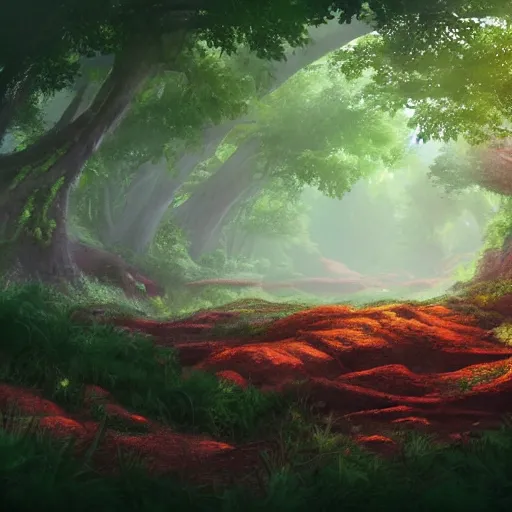 Prompt: lush forest with naturally tan - to - red clay soil, trending on artstation, top 1 0 most beautiful photographs, award winning fantasy concept art, background of a studio ghibli film