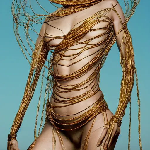 Prompt: A perfect female goddess stands for waist up portrait with her body wrapped in thin gold wire like a cocoon, creatively arranged so as to look like tattoos with faces and flowers and butterflies, hyper photo realistic 8K HD HDRI, photo by Annie Leibovitz.