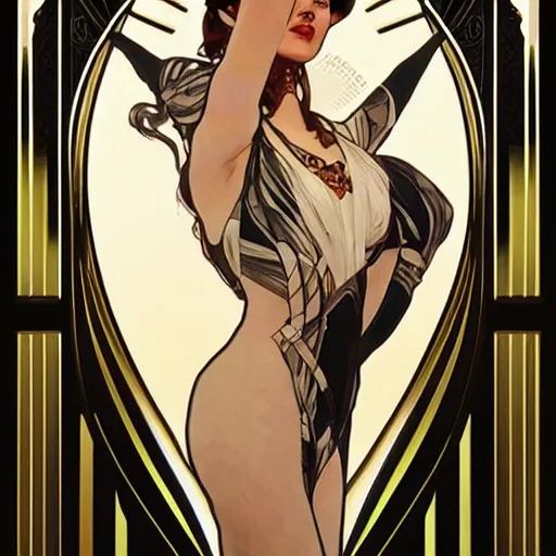 Prompt: deco art by artgerm, greg rutkowski and alphonse mucha. just one black tape project attctive showgirl. full body!! hd, 4 k, stage light. by