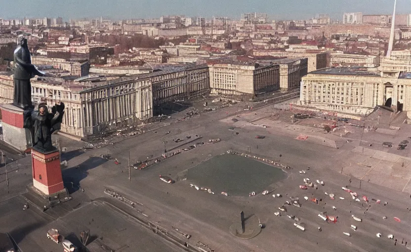 Image similar to high quality 2000s historic footage of a soviet square with a great lenin statue with stanilist style high rise and pedestrians, color aerial photo drone, Cinestill 800t, heavy grainy picture, very detailed, high quality, 4k panoramic