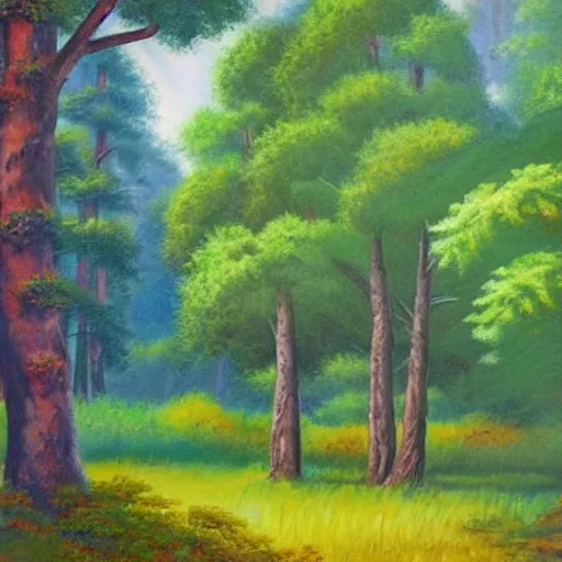 Image similar to A forest landscape with a prefectly diffuse cube in the middle of the painting, by bob ross