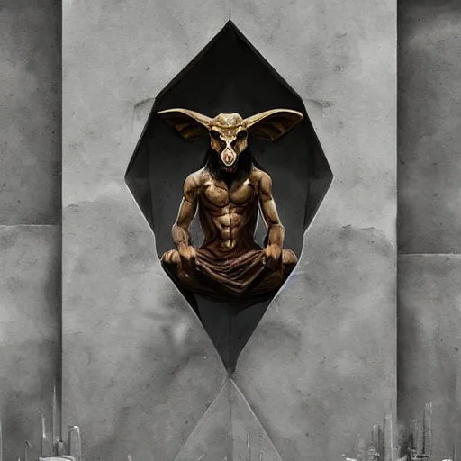 Prompt: Baphomet sitting in front of a portal to the infinite . Highly detailed painting Greg rutkowski. Good clear quality, high detail, octagon render 8k