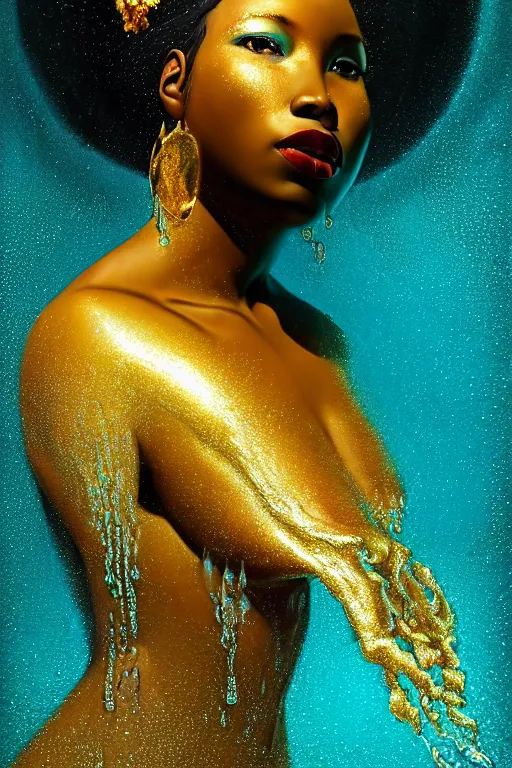 Image similar to hyperrealistic modern cinematic very expressive! black oshun goddess, in water up to her shoulders, mirror dripping droplet!, gold flowers, highly detailed face, digital art masterpiece, smooth eric zener cam de leon, dynamic pearlescent teal light, tilt angle uhd 8 k, sharp focus