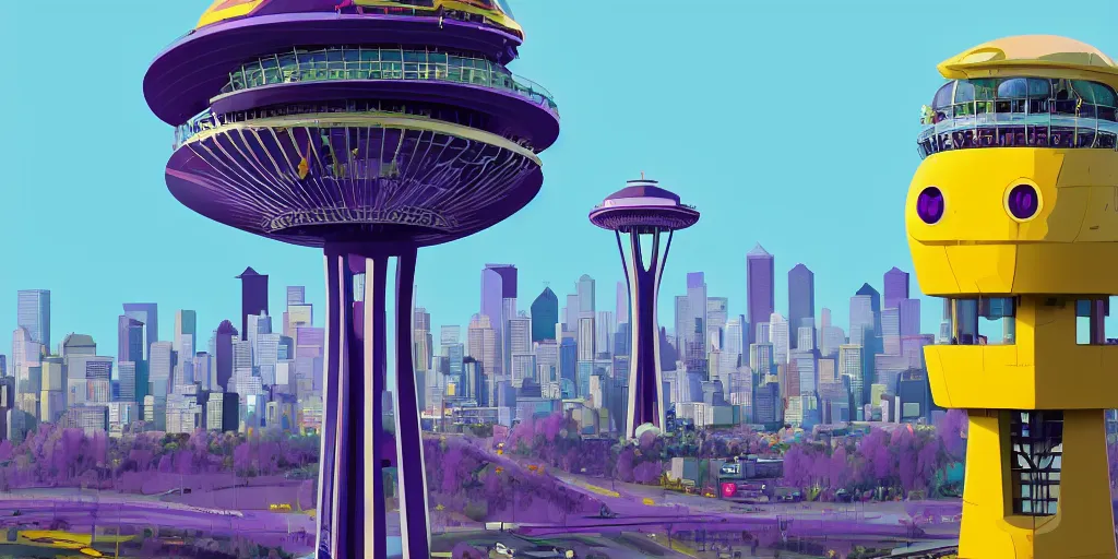 Image similar to cute purple and yellow cartoon monsters at the Seattle space needle by Goro Fujita and Simon Stalenhag , 8k, trending on artstation, hyper detailed, cinematic