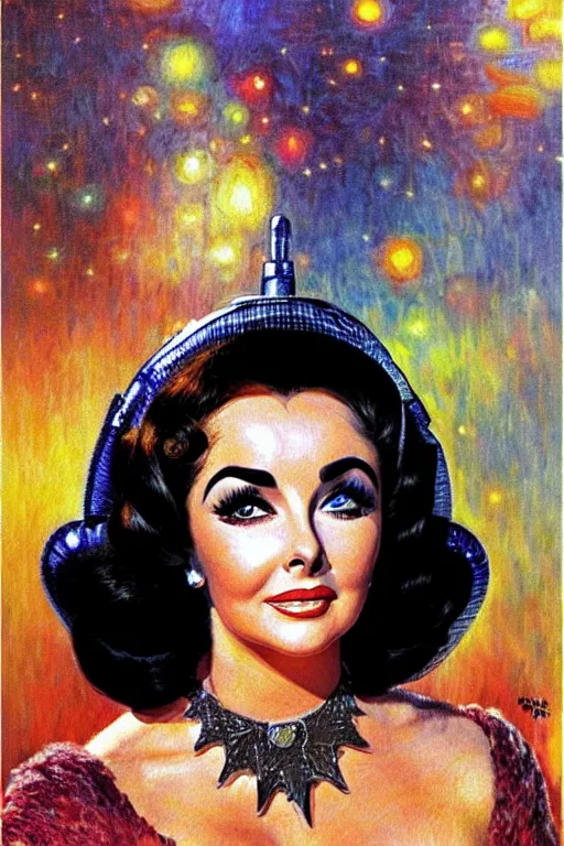 Image similar to impressionism painting of a d & d style retro sci - fi elizabeth taylor beautiful face and wearing full detailed clothing