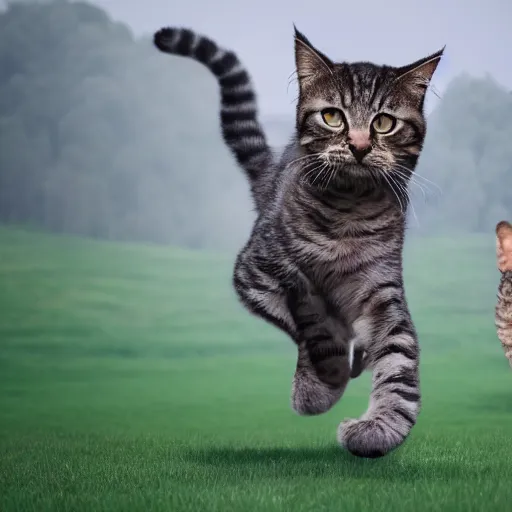 Prompt: giant kitten chasing a man through a field, photo, detailed, 4k