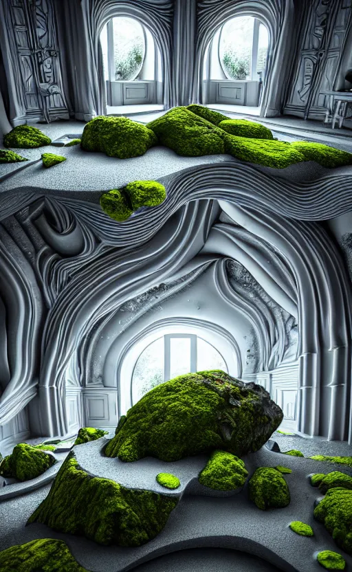 Image similar to highly detailed ultra sharp 3 d render villa interior cinematic composition of a smooth ceramic porcelain biomorphic magnolia stone nebula fluid fractal sci - fi surreal architecture landscape, granite, metallic, magnesium, marble, moss and lichen, vincent callebaut composition, mamou - mani, archviz, beautiful lighting, 8 k, unreal engine, hdr,