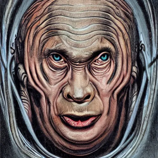 Image similar to portrait by giger of vladimir putin who became an ugly retarded lovecraftian worm monstrosity, photo - realistic, color image, 2 k, highly detailed
