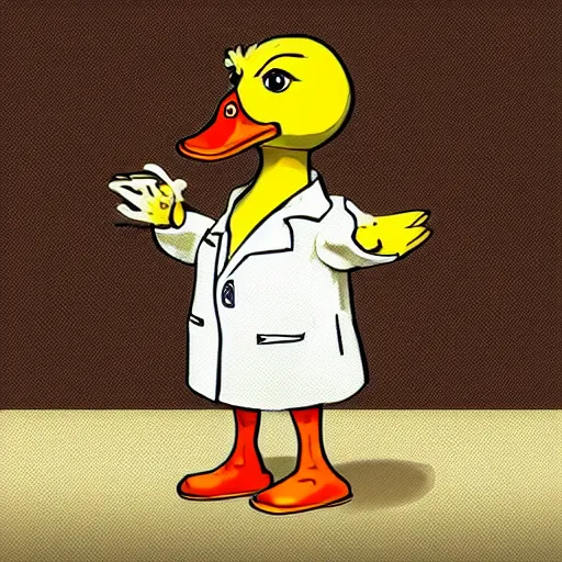 Prompt: a duck wearing a labcoat, computers in the background, digital art