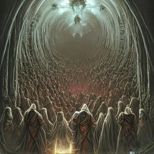 Image similar to a dark cabal of hooded elven mystics in long dark robes gathered in a circular formation around a highly advanced machine containing spirits of the dead, dan seagrave art, michael whelan