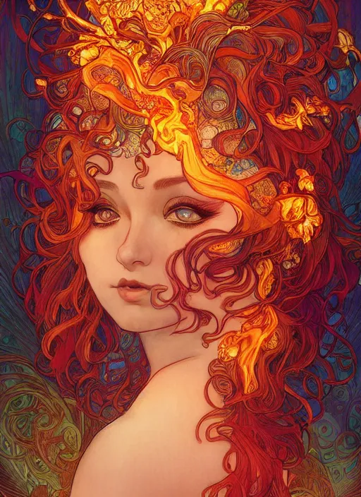 Prompt: Fire Goddess, hair made out of flames, ambient lighting, 4k, josephine wall, alphonse mucha, lois van baarle, ilya kuvshinov, rossdraws, artstation