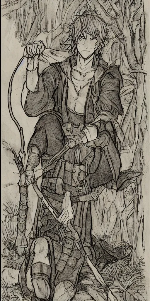 Prompt: an wood elf boy getting ready for an high fantasy adventure on the mountain side, anime style, tarot card, Tarot card the fool, fine line work