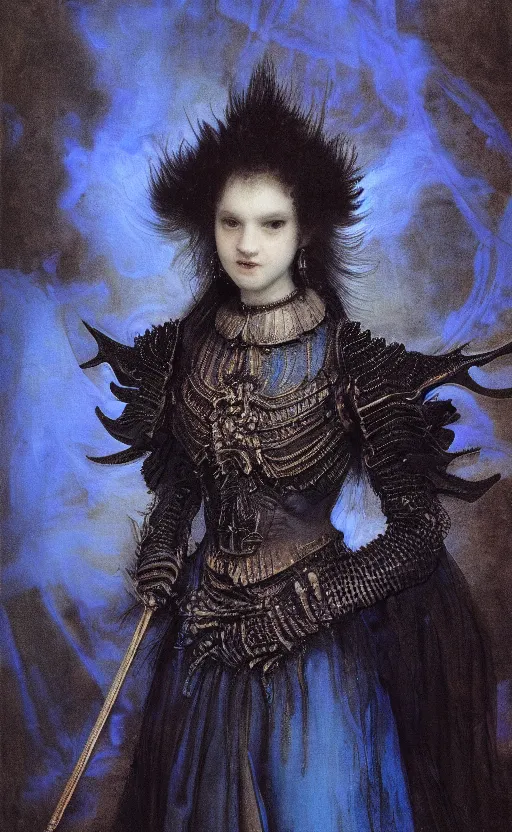 Prompt: Gothic princess in dark and blue dragon armor. By Rembrandt painting (1667), fractal flame*3, highly detailded