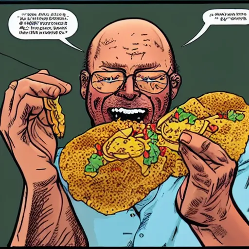 Image similar to a man eating a taco by geof darrow, detailed, realistic shading